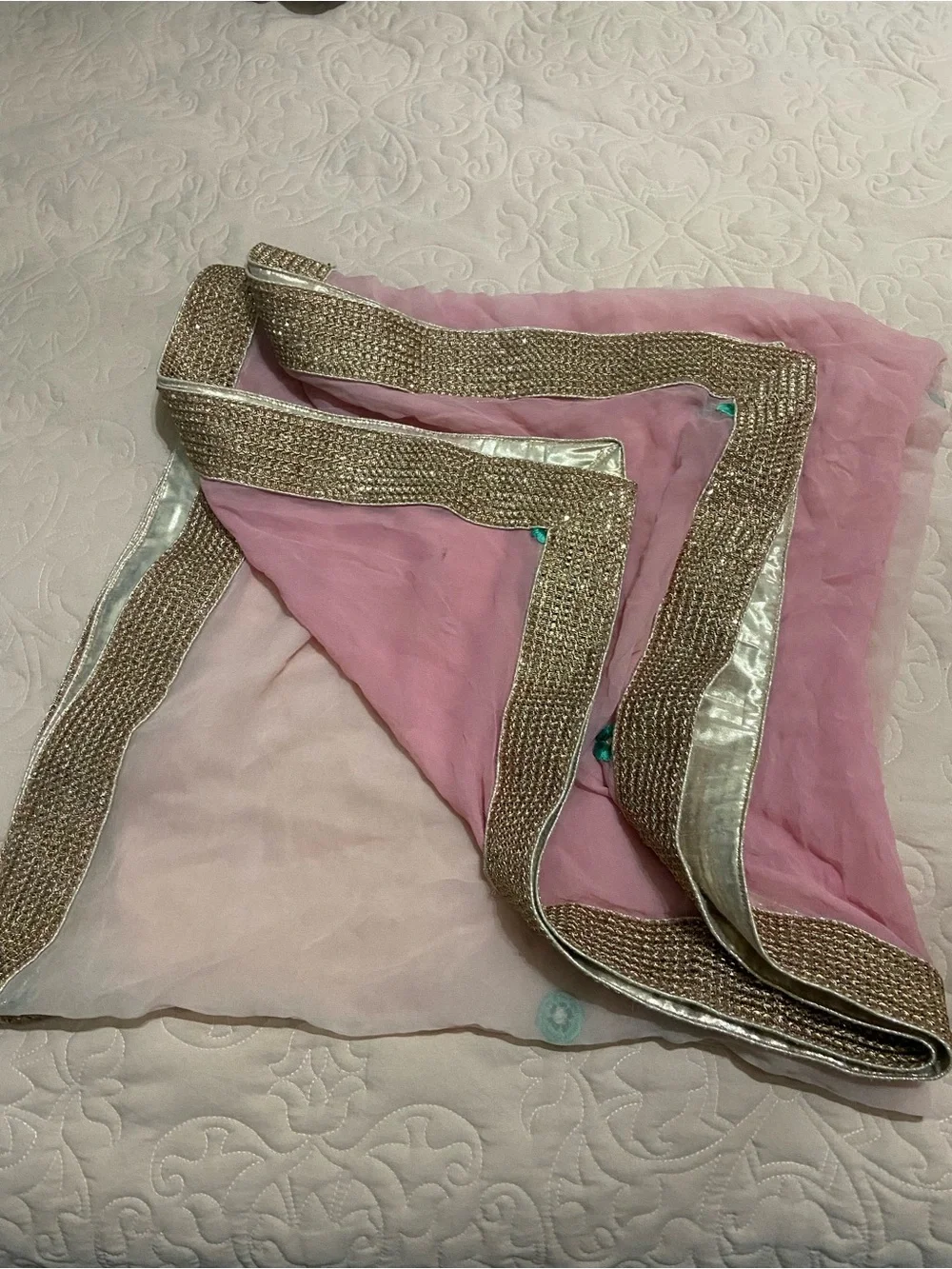 Indian Women’s Pink Ombre Dupatta Gold Boarder Blue Embroidered Flowers Scarf